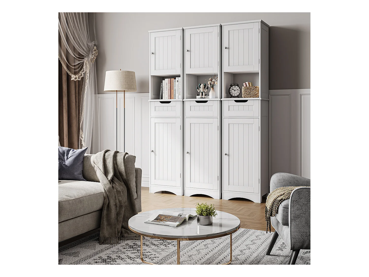 Bealife Meuble Colonne Salle de Bain Rangement sur Pied Armoire Haute 2 Portes et 1 Tiroir 1 Placard Ouverte Étagère Réglable