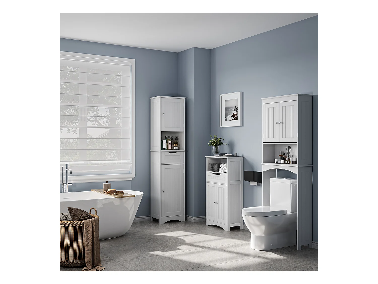 Bealife Meuble Colonne Salle de Bain Rangement sur Pied Armoire Haute 2 Portes et 1 Tiroir 1 Placard Ouverte Étagère Réglable