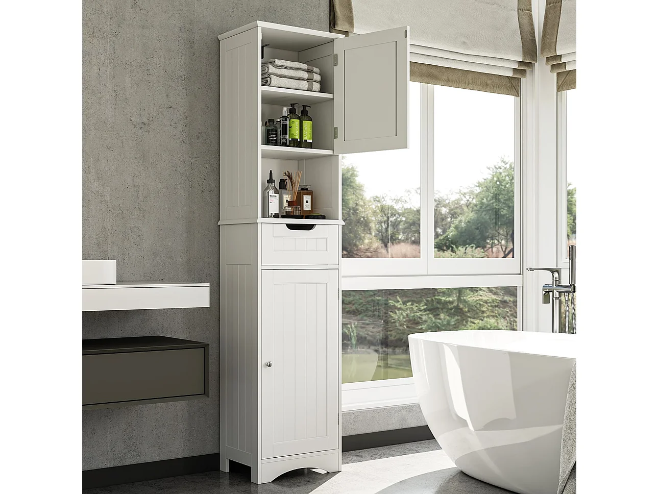 Bealife Mueble Columna para Baño Armario Alto con Pie 2 Puertas, 1 Cajón y 1 Estante Abierto con Repisas Ajustables