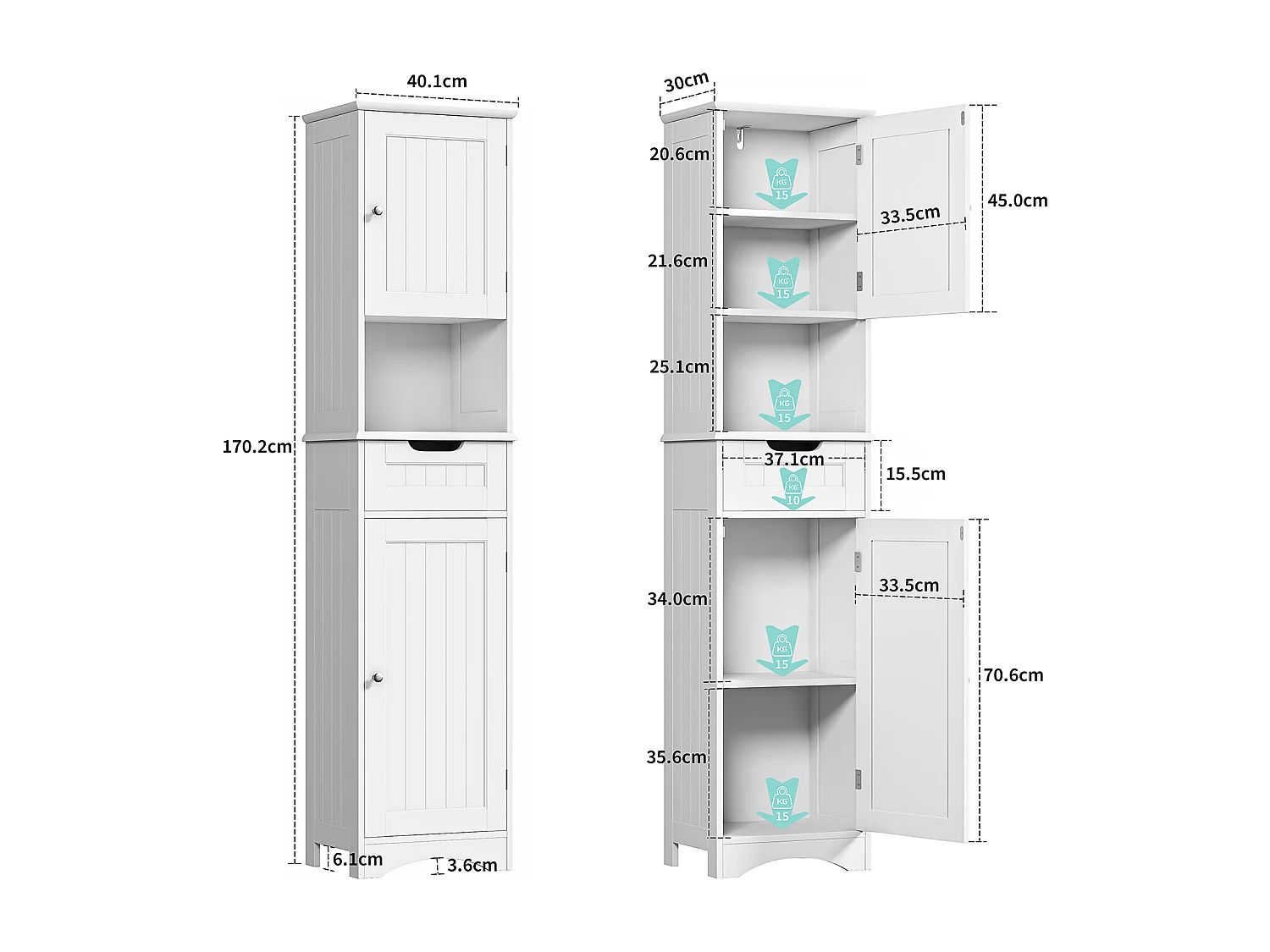 Bealife Mueble Columna para Baño Armario Alto con Pie 2 Puertas, 1 Cajón y 1 Estante Abierto con Repisas Ajustables