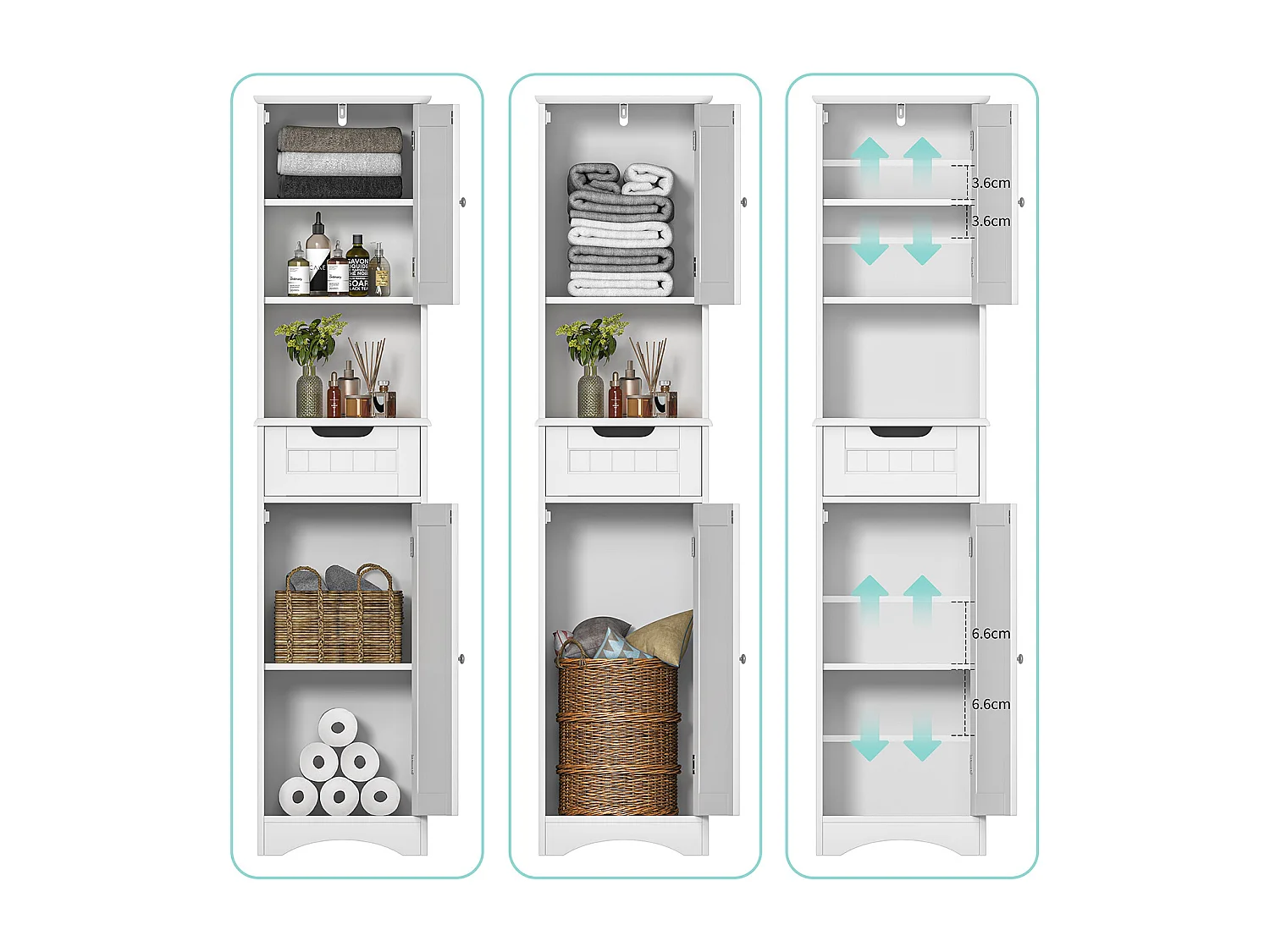 Bealife Mueble Columna para Baño Armario Alto con Pie 2 Puertas, 1 Cajón y 1 Estante Abierto con Repisas Ajustables