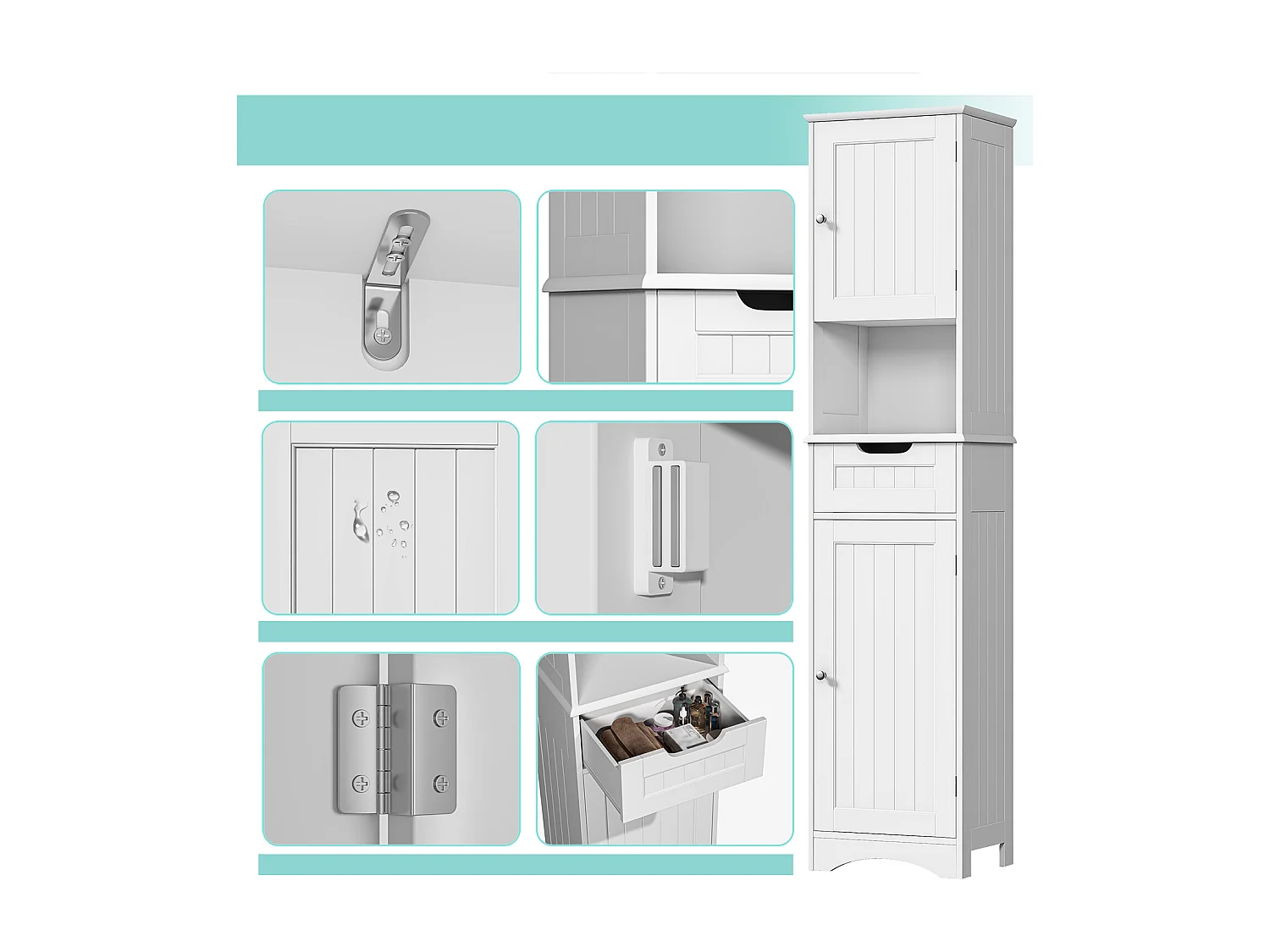 Bealife Mueble Columna para Baño Armario Alto con Pie 2 Puertas, 1 Cajón y 1 Estante Abierto con Repisas Ajustables