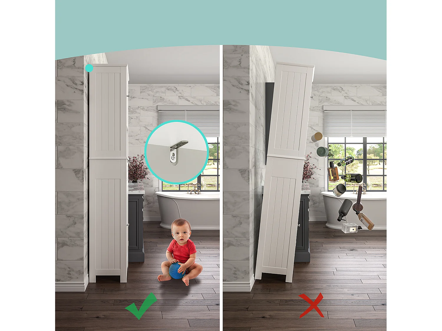 Bealife Mueble Columna para Baño Armario Alto con Pie 2 Puertas, 1 Cajón y 1 Estante Abierto con Repisas Ajustables