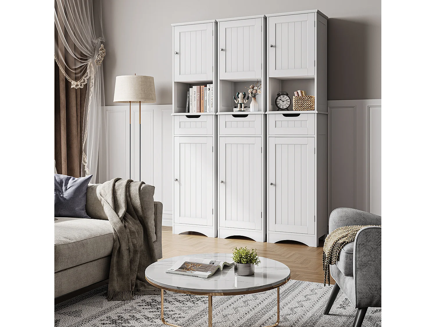 Bealife Mueble Columna para Baño Armario Alto con Pie 2 Puertas, 1 Cajón y 1 Estante Abierto con Repisas Ajustables