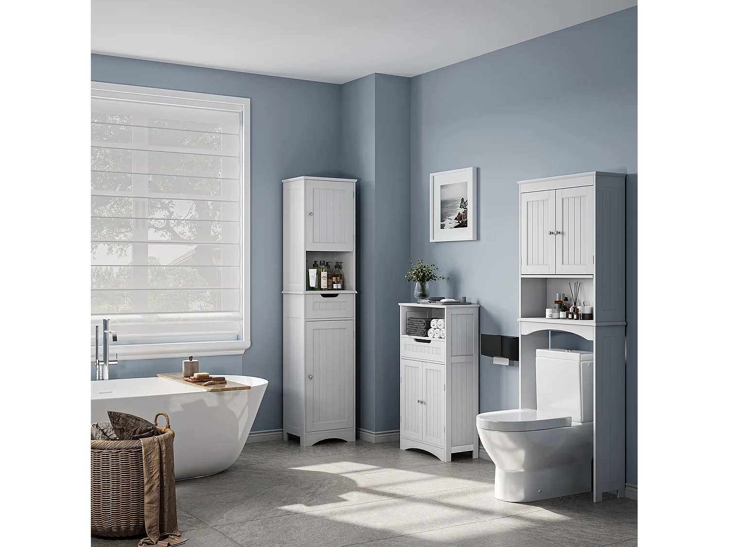 Bealife Mueble Columna para Baño Armario Alto con Pie 2 Puertas, 1 Cajón y 1 Estante Abierto con Repisas Ajustables