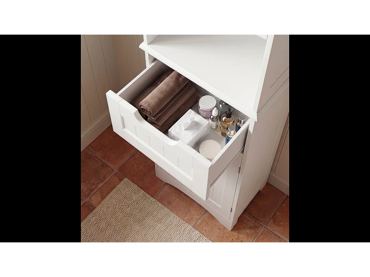 Bealife Mueble Columna para Baño Armario Alto con Pie 2 Puertas, 1 Cajón y 1 Estante Abierto con Repisas Ajustables