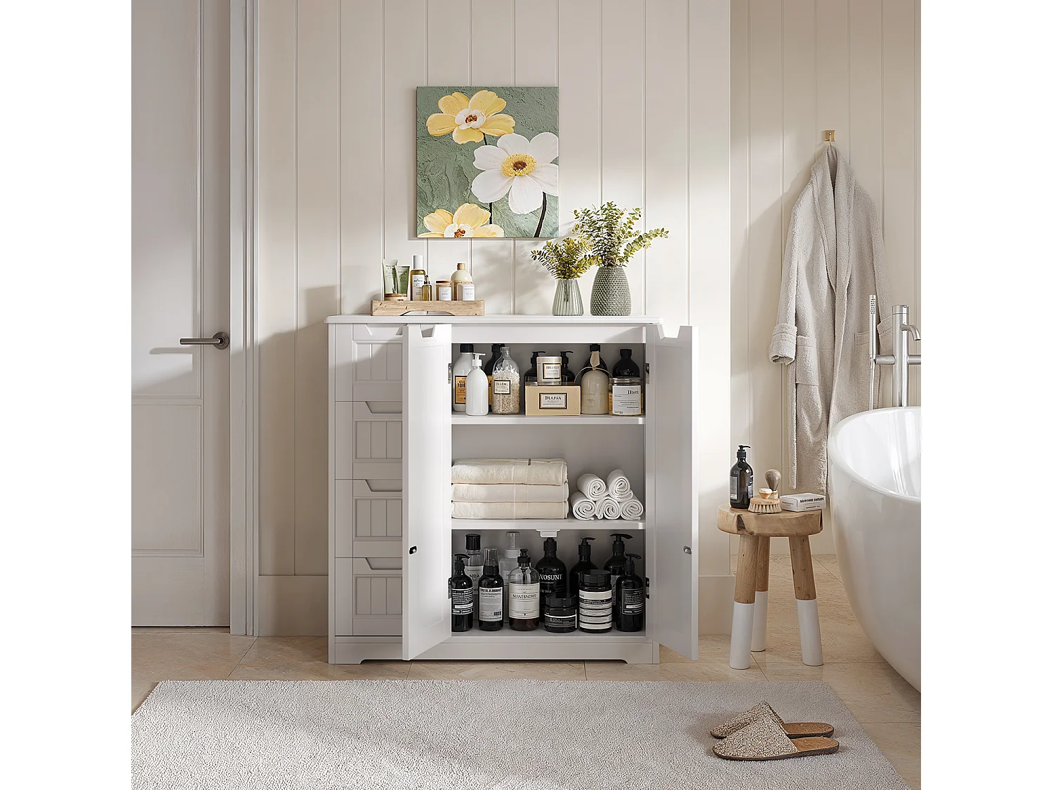 Meuble de Rangement Salle de Bain 81x30x83 cm - 4 Tiroirs, 2 Portes, Étagères Réglables - Blanc