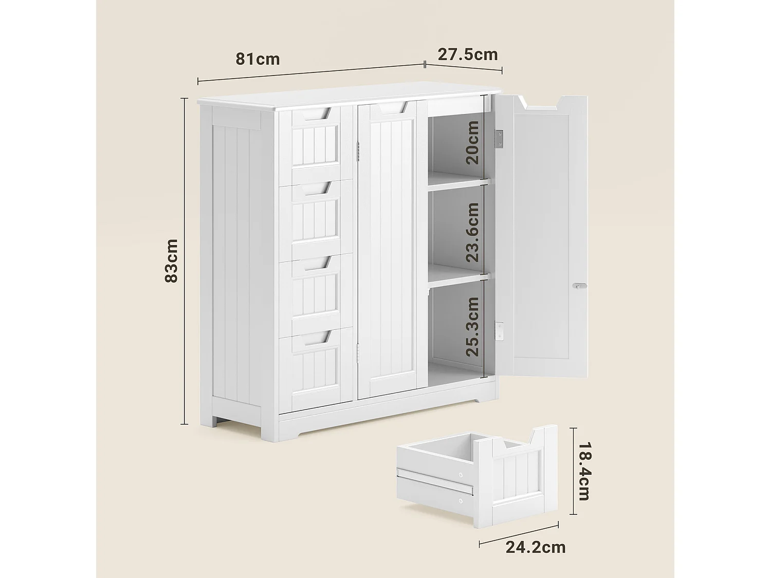 Meuble de Rangement Salle de Bain 81x30x83 cm - 4 Tiroirs, 2 Portes, Étagères Réglables - Blanc