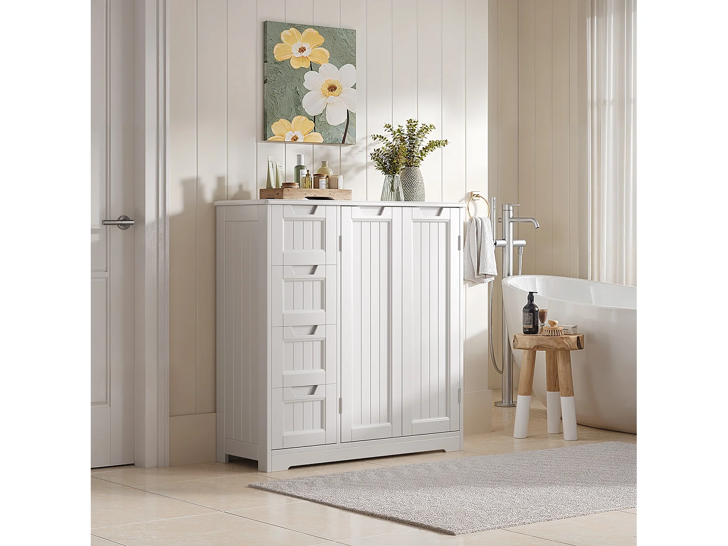 Meuble de Rangement Salle de Bain 81x30x83 cm - 4 Tiroirs, 2 Portes, Étagères Réglables - Blanc
