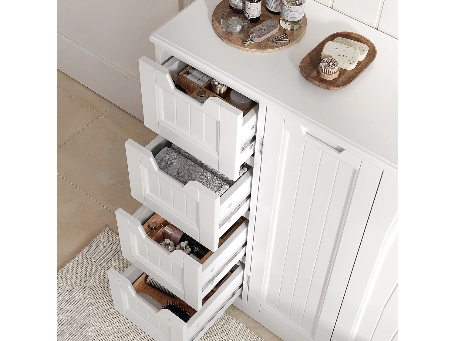 Meuble de Rangement Salle de Bain 81x30x83 cm - 4 Tiroirs, 2 Portes, Étagères Réglables - Blanc