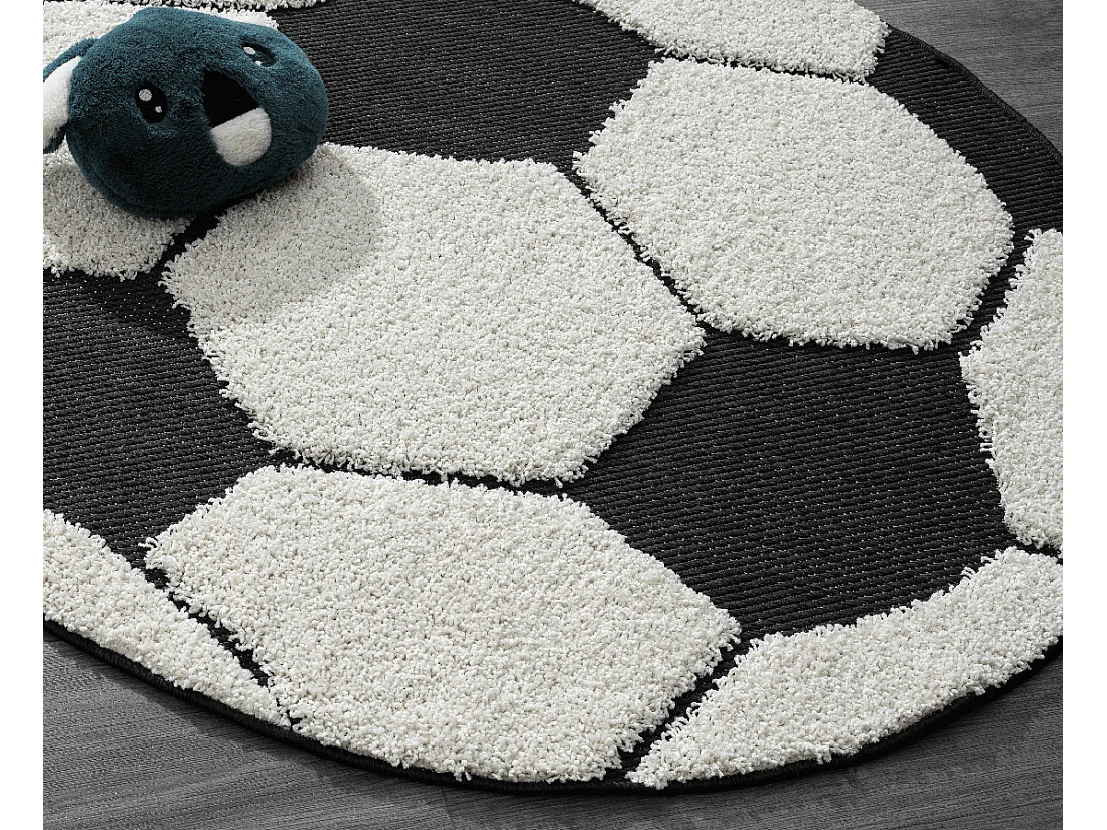 Tapis Lou Enfant Football - Noir Blanc - 160 cm Ronde