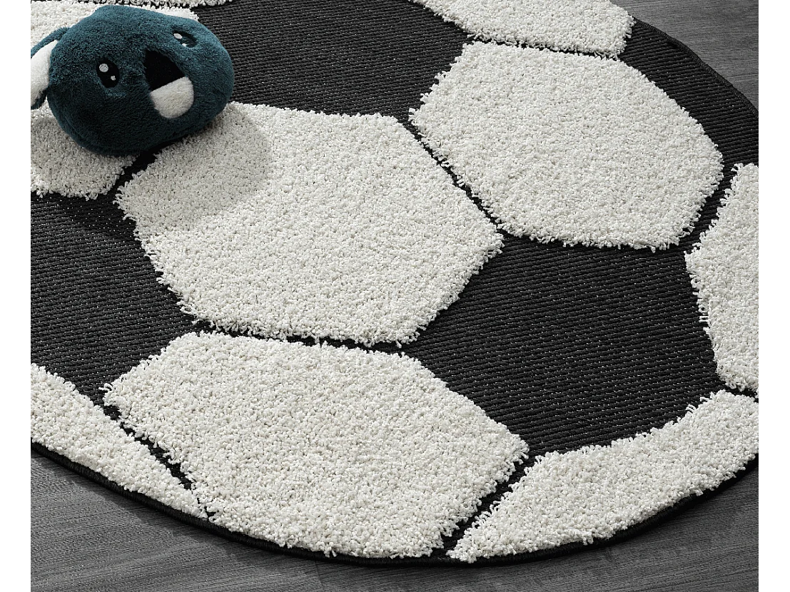 Tapis Lou Enfant Football - Noir Blanc - 160 cm Ronde
