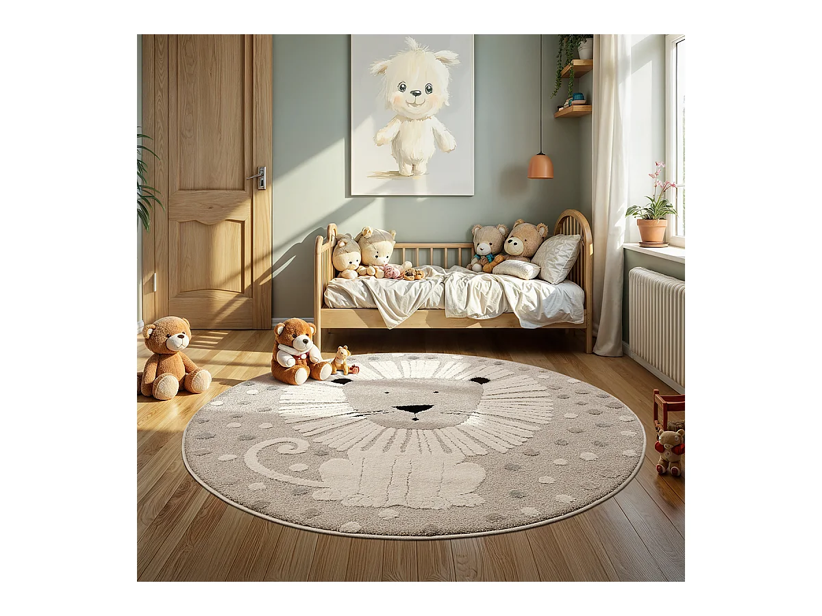 Tapis Jungle Kids Chambre Enfant 3d Résistant - Beige - 120 cm Ronde