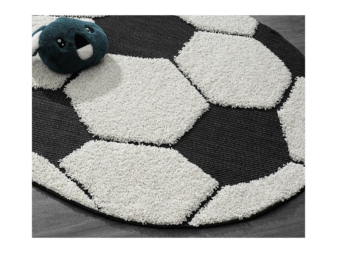 Tapis Lou Enfant Football - Noir Blanc - 200 cm Ronde