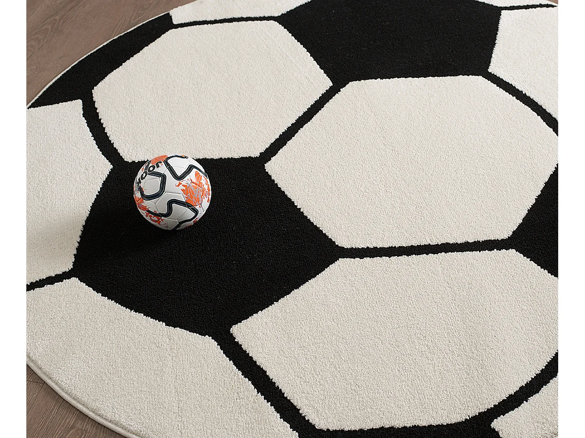 Teppich Lou Kinder Fußball - Schwarz Weiß - 120 cm Rund