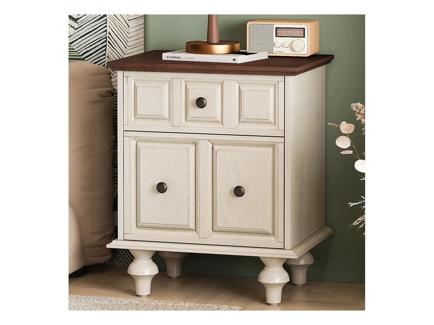 Table de chevet blanc - Table de chevet avec 2 tiroirs et 4 colonnes - pour chambre