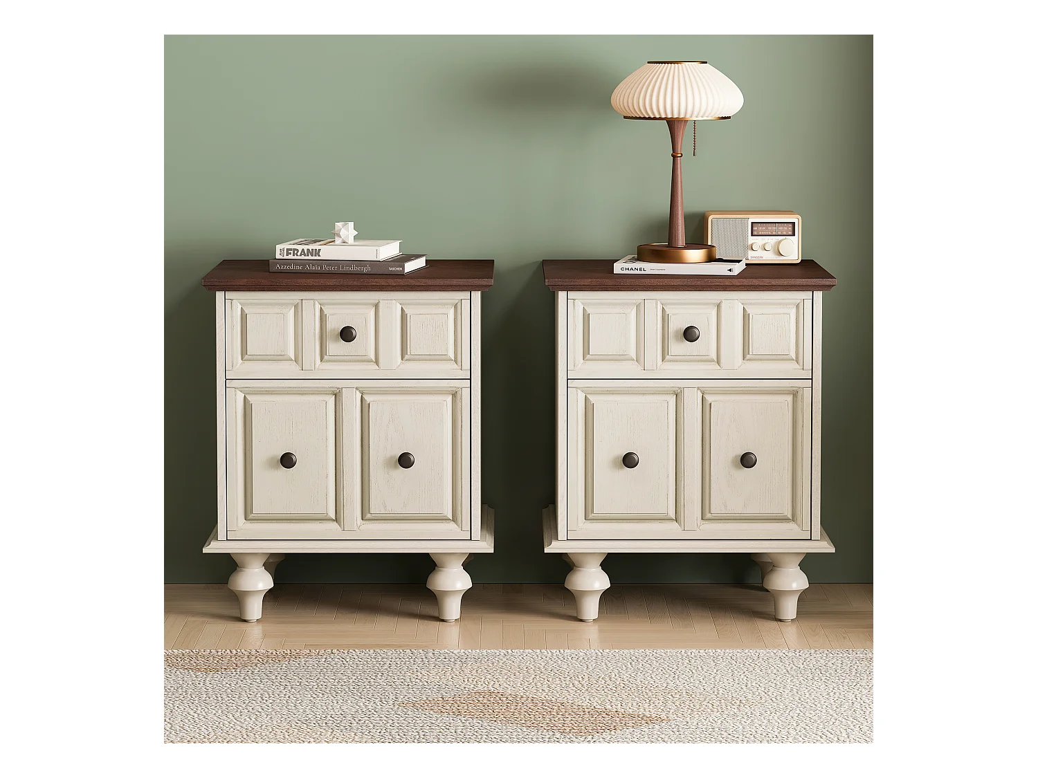 Table de chevet blanc - Table de chevet avec 2 tiroirs et 4 colonnes - pour chambre