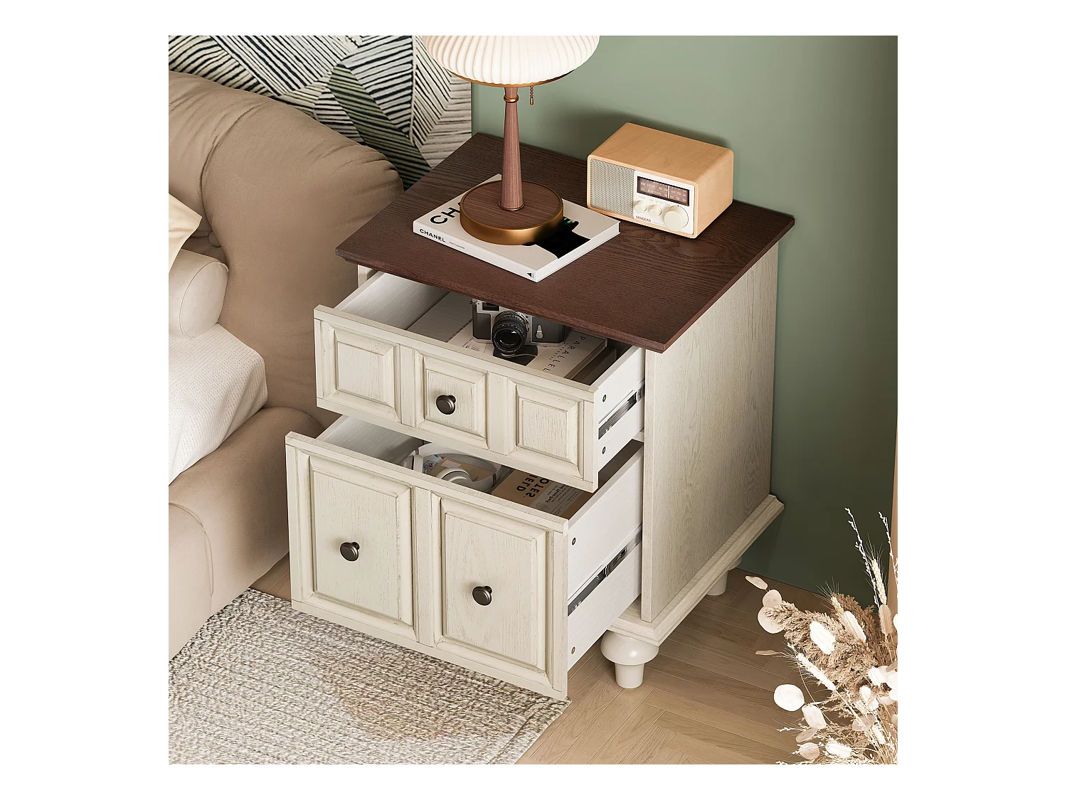 Table de chevet blanc - Table de chevet avec 2 tiroirs et 4 colonnes - pour chambre