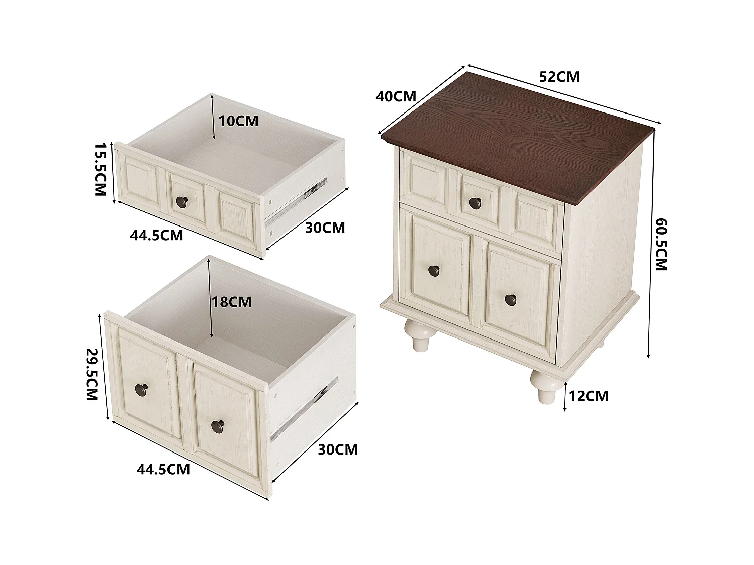 Table de chevet blanc - Table de chevet avec 2 tiroirs et 4 colonnes - pour chambre