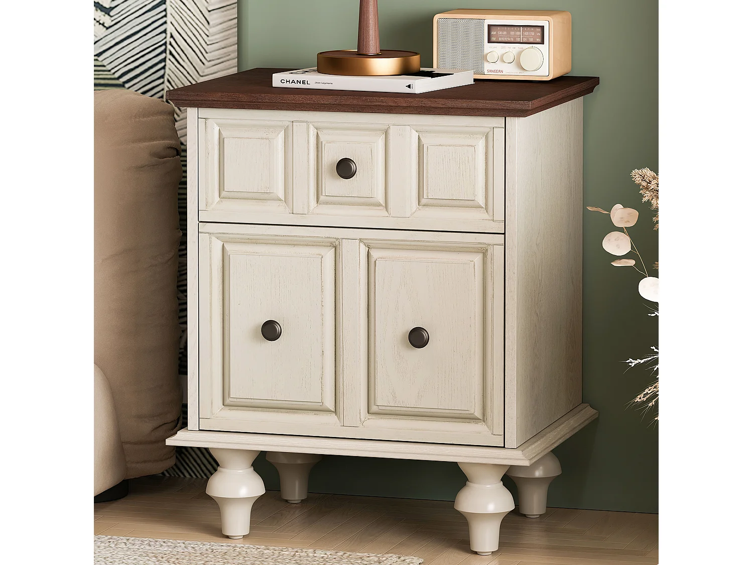 Table de chevet blanc - Table de chevet avec 2 tiroirs et 4 colonnes - pour chambre