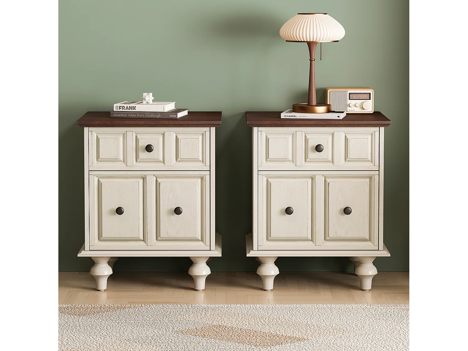 Table de chevet blanc - Table de chevet avec 2 tiroirs et 4 colonnes - pour chambre