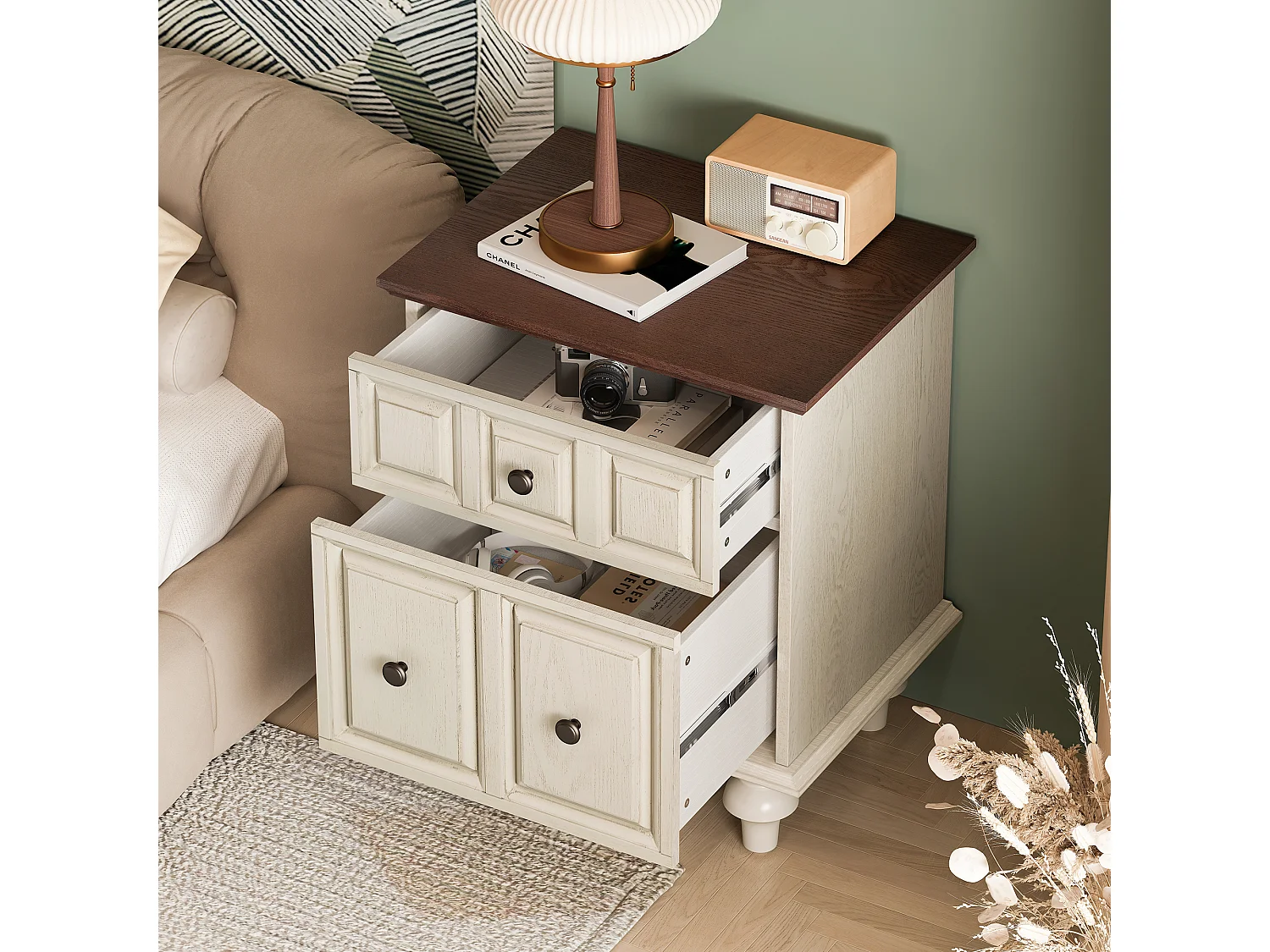 Table de chevet blanc - Table de chevet avec 2 tiroirs et 4 colonnes - pour chambre