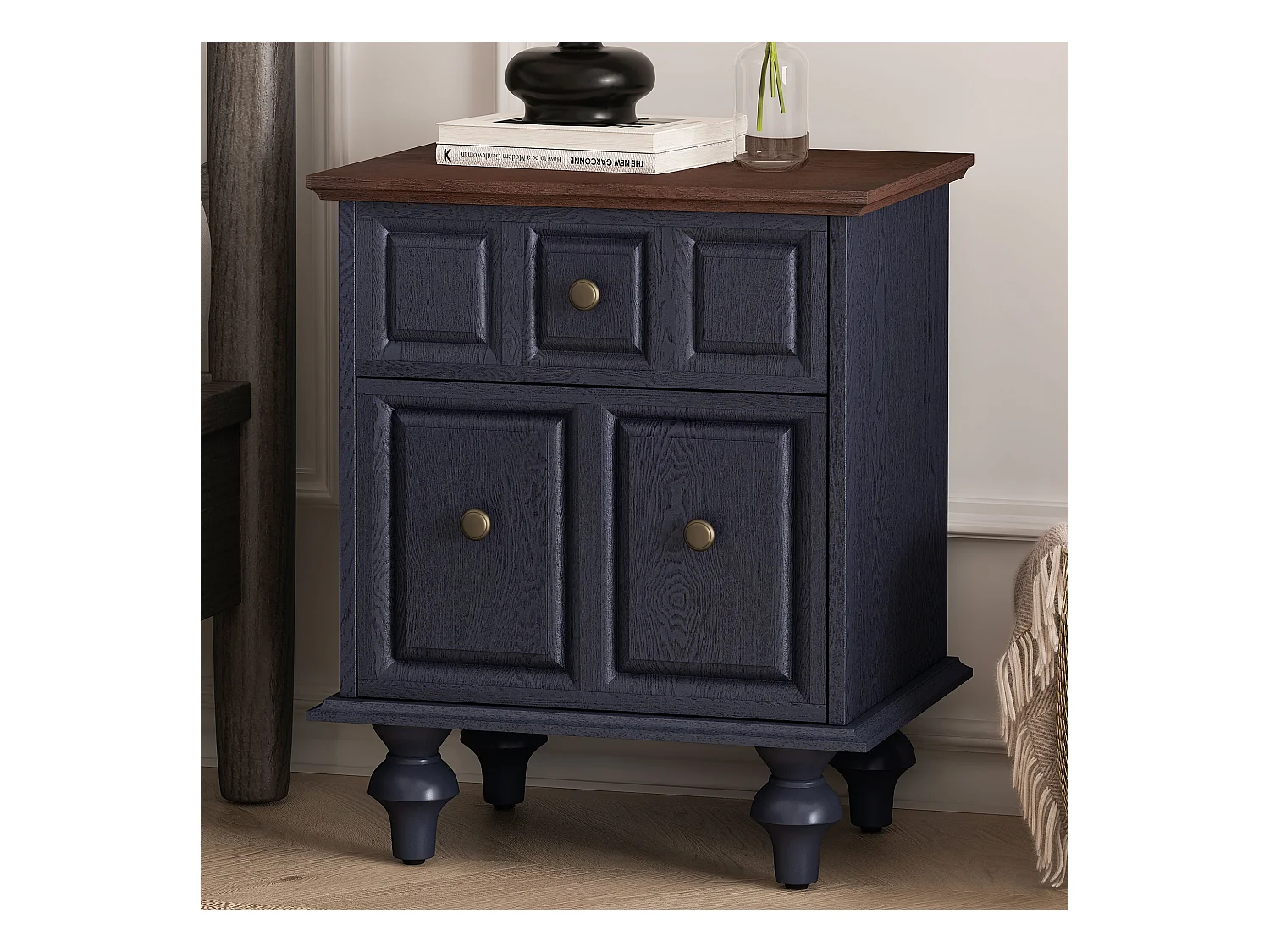 Table de chevet bleue - Table de chevet avec 2 tiroirs et 4 colonnes - pour chambre