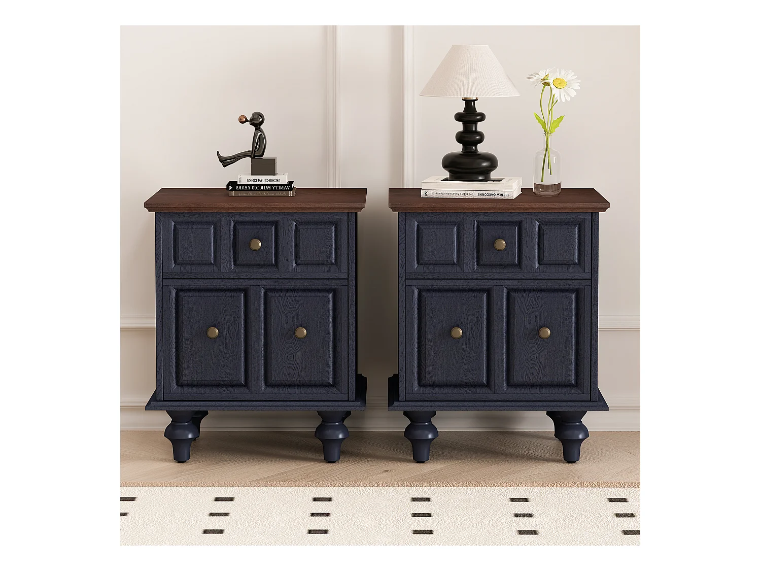 Table de chevet bleue - Table de chevet avec 2 tiroirs et 4 colonnes - pour chambre