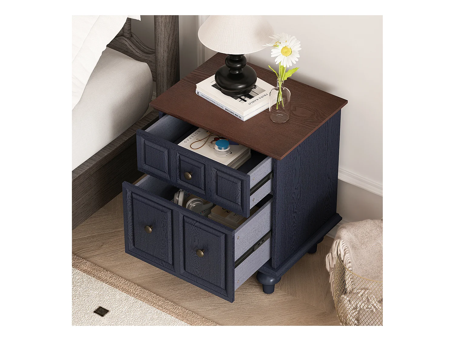 Table de chevet bleue - Table de chevet avec 2 tiroirs et 4 colonnes - pour chambre