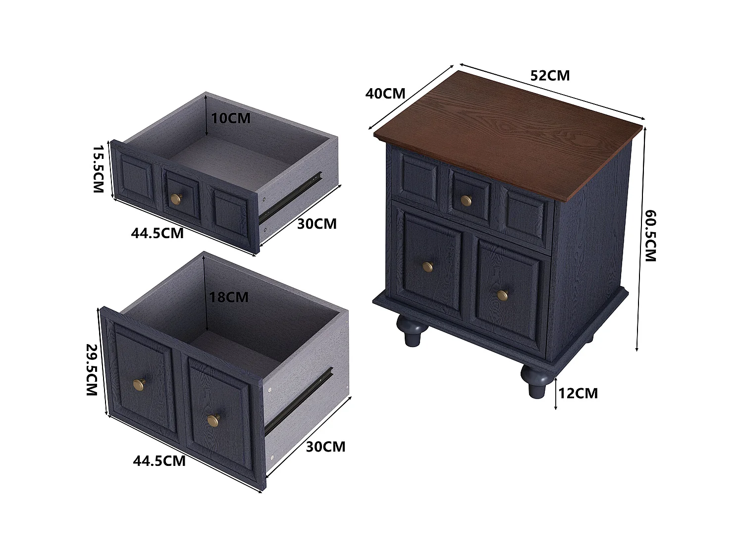 Table de chevet bleue - Table de chevet avec 2 tiroirs et 4 colonnes - pour chambre