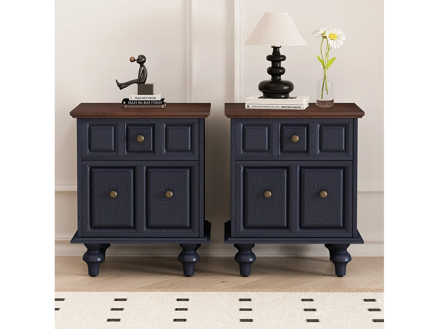 Table de chevet bleue - Table de chevet avec 2 tiroirs et 4 colonnes - pour chambre