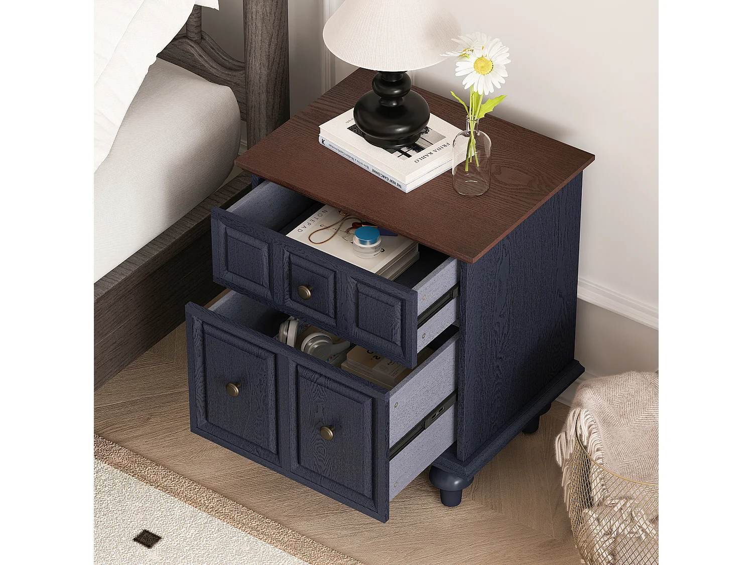 Table de chevet bleue - Table de chevet avec 2 tiroirs et 4 colonnes - pour chambre