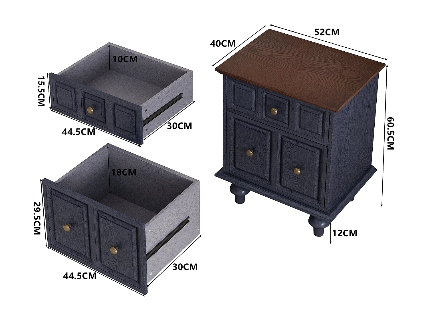Table de chevet bleue - Table de chevet avec 2 tiroirs et 4 colonnes - pour chambre