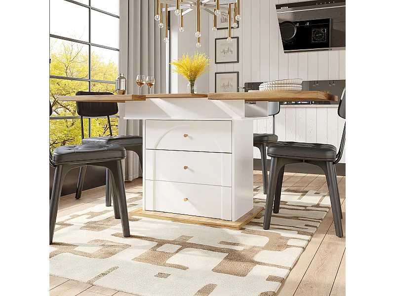 Table à manger extensible blanc - Table extensible avec deux tiroirs et une porte - pour la cuisine et le salon