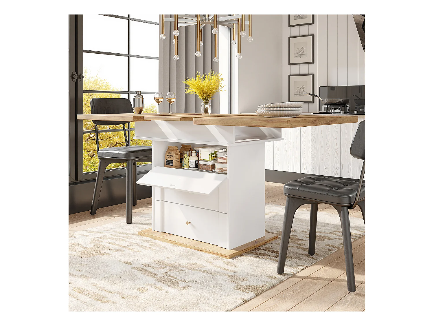 Table à manger extensible blanc - Table extensible avec deux tiroirs et une porte - pour la cuisine et le salon