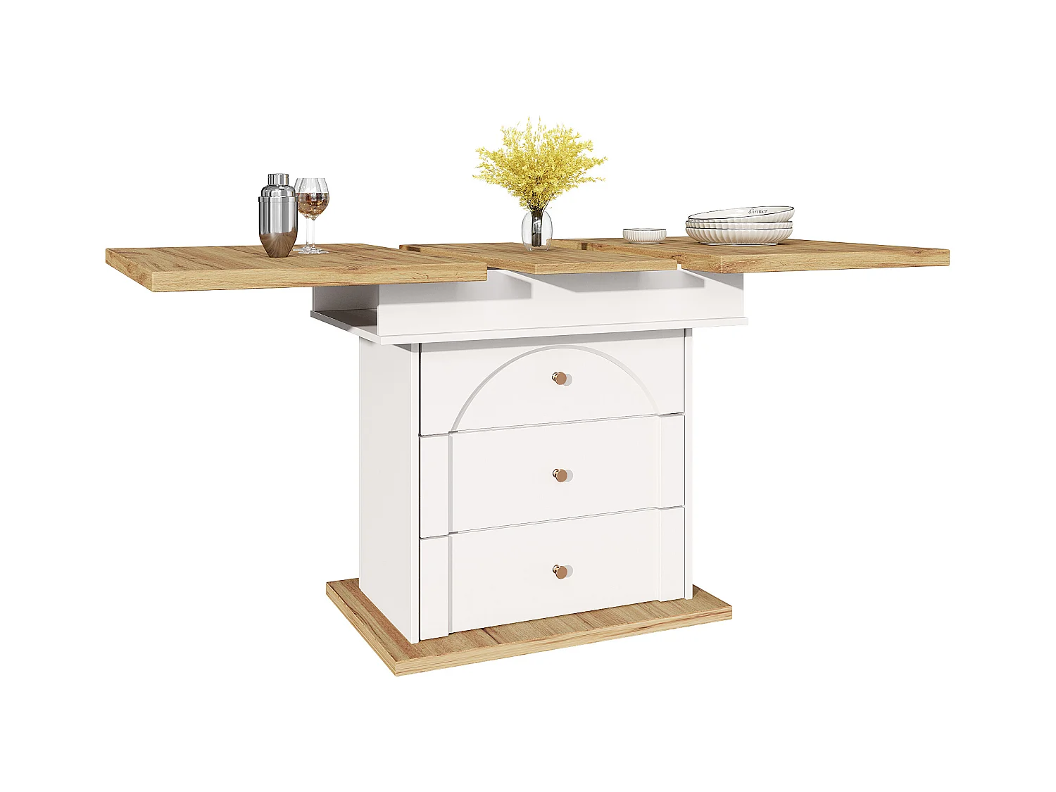 Table à manger extensible blanc - Table extensible avec deux tiroirs et une porte - pour la cuisine et le salon