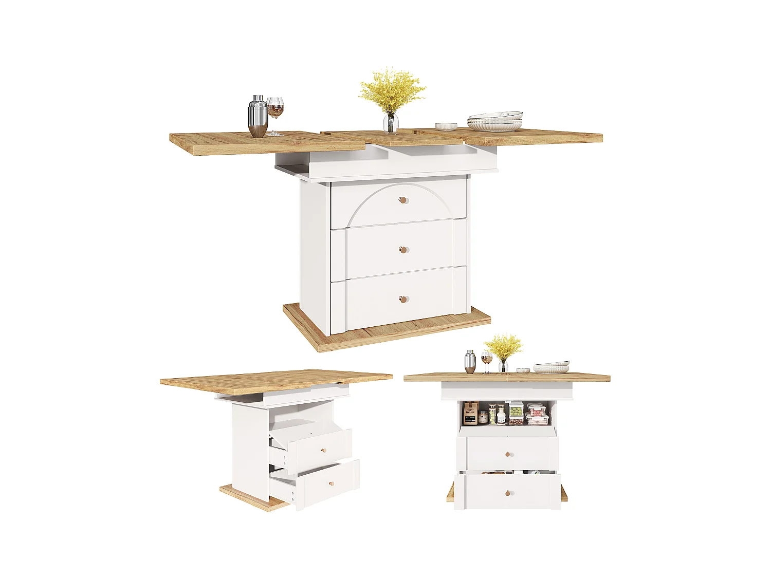 Table à manger extensible blanc - Table extensible avec deux tiroirs et une porte - pour la cuisine et le salon