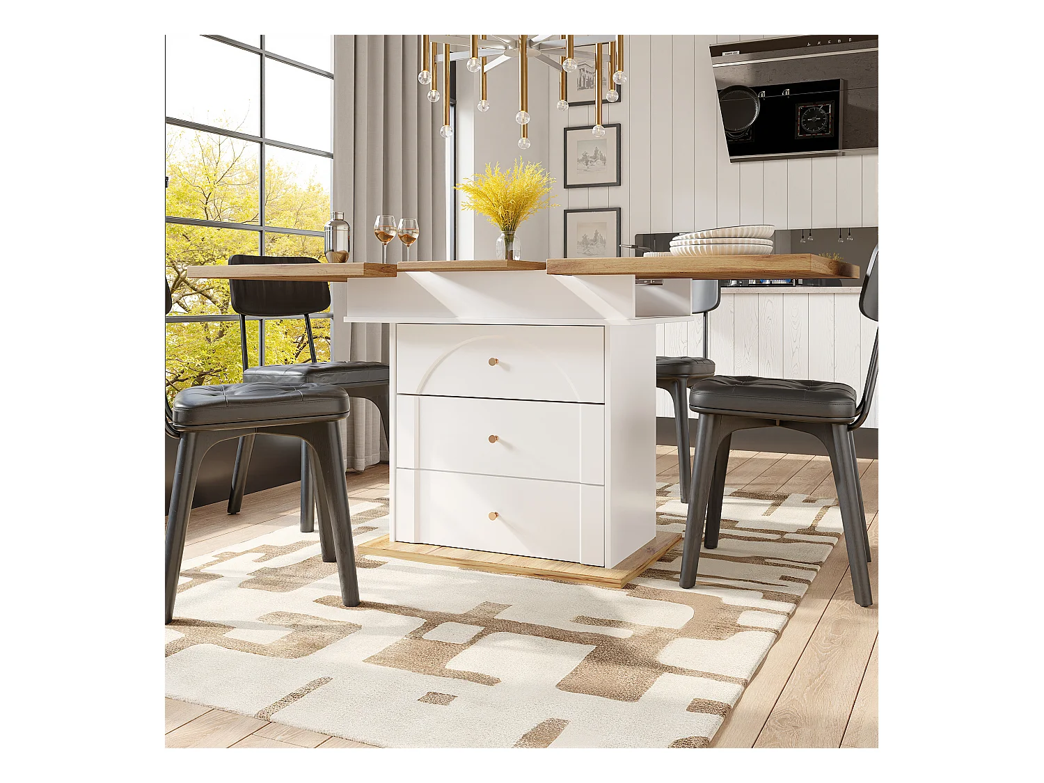 Table à manger extensible blanc - Table extensible avec deux tiroirs et une porte - pour la cuisine et le salon
