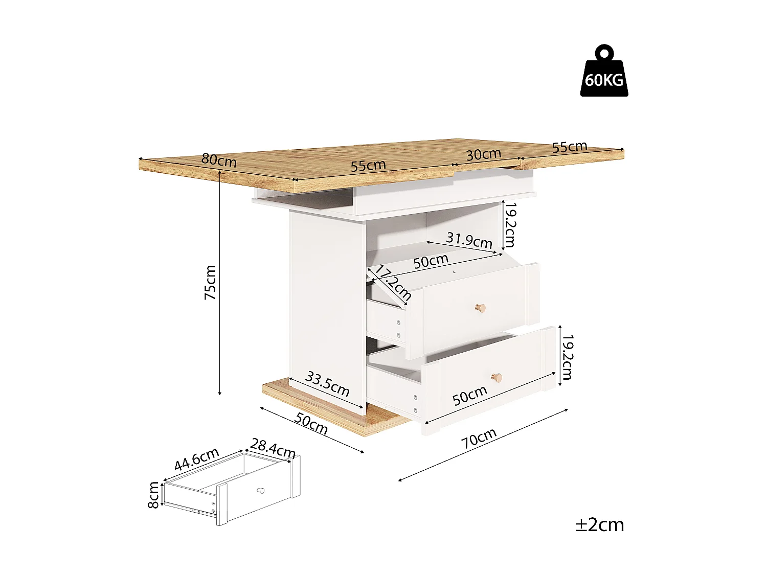 Mesa de comedor extensible blanca - Mesa extensible con dos cajones y una puerta - para cocina y salón