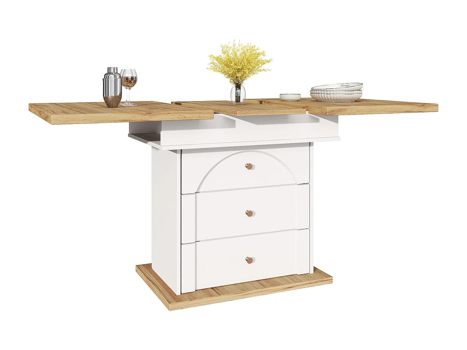 Mesa de comedor extensible blanca - Mesa extensible con dos cajones y una puerta - para cocina y salón