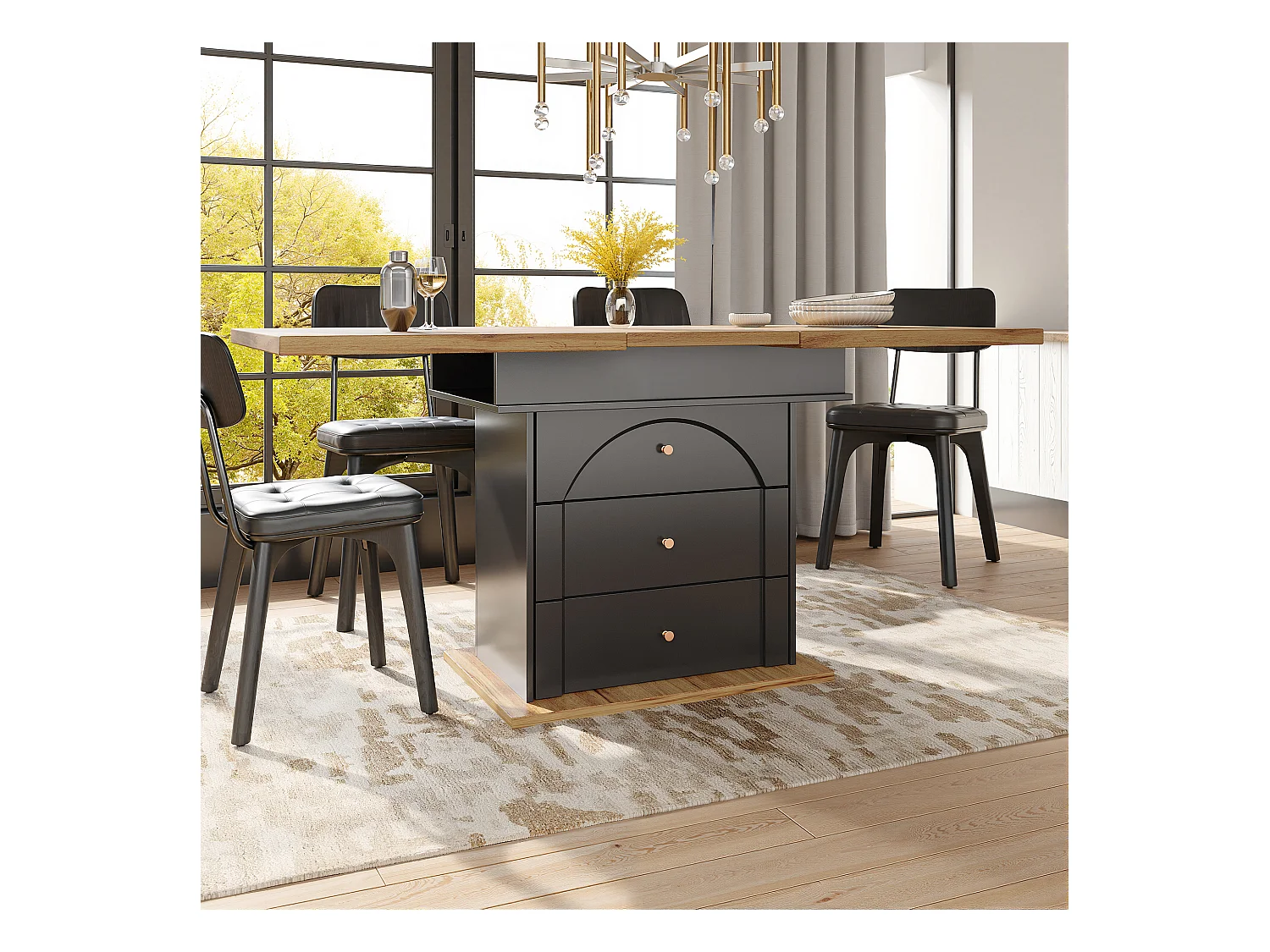 Table à manger extensible noire - Table extensible avec deux tiroirs et une porte - pour la cuisine et le salon