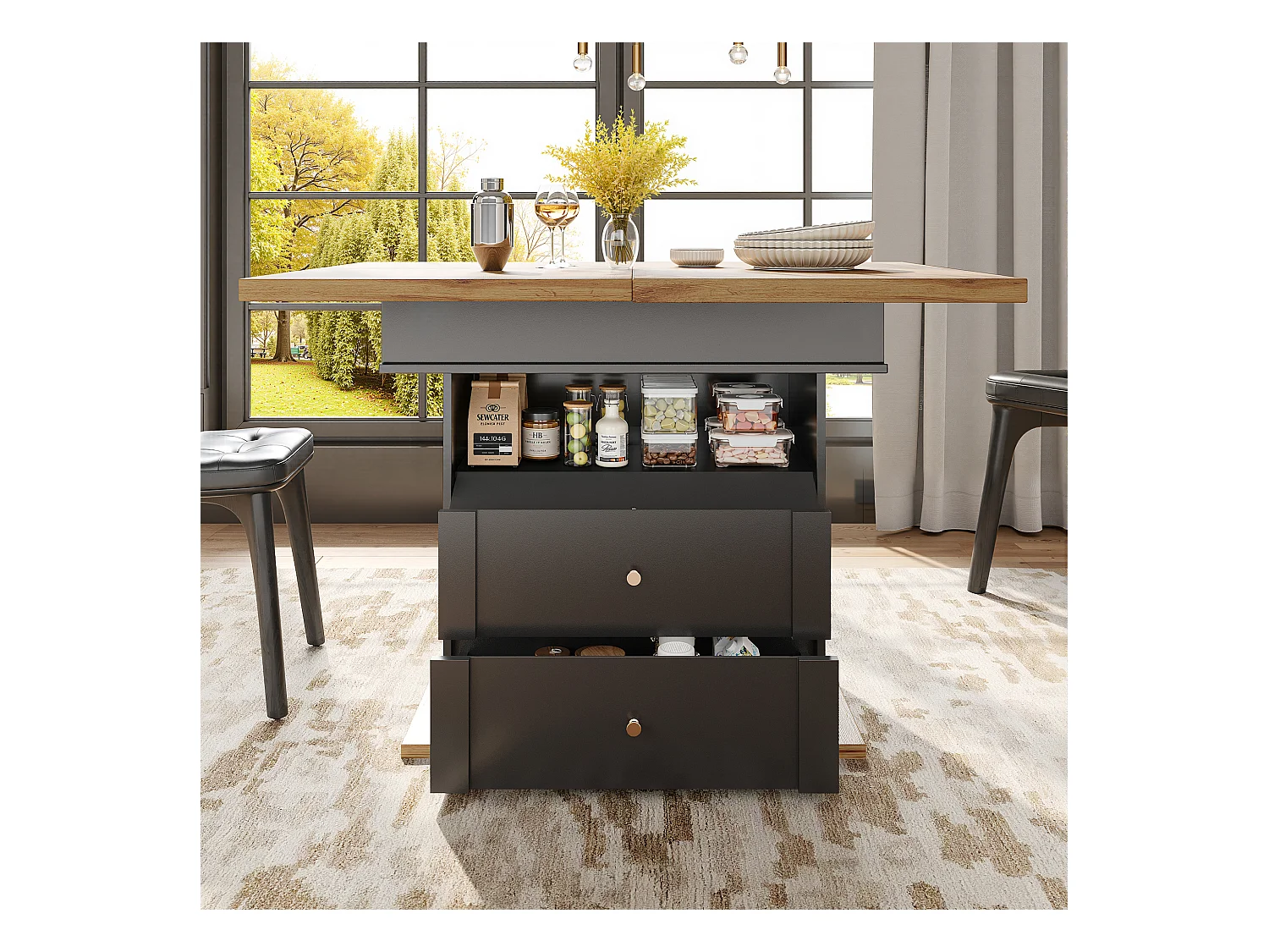 Table à manger extensible noire - Table extensible avec deux tiroirs et une porte - pour la cuisine et le salon