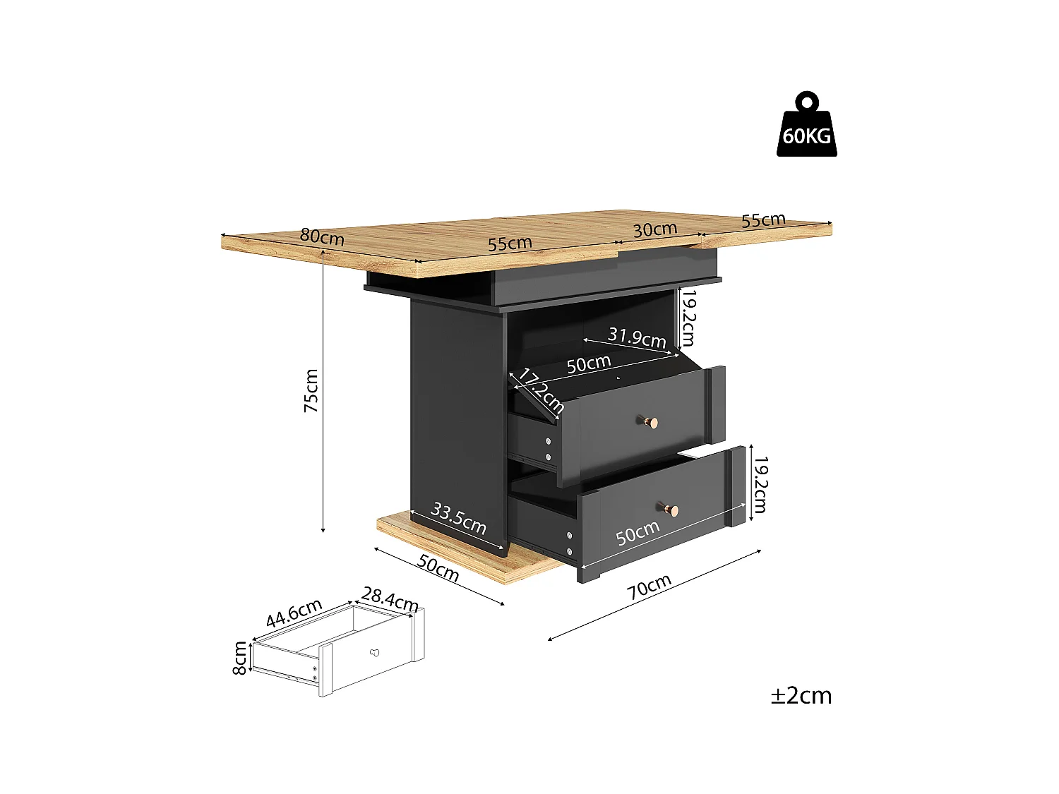 Table à manger extensible noire - Table extensible avec deux tiroirs et une porte - pour la cuisine et le salon