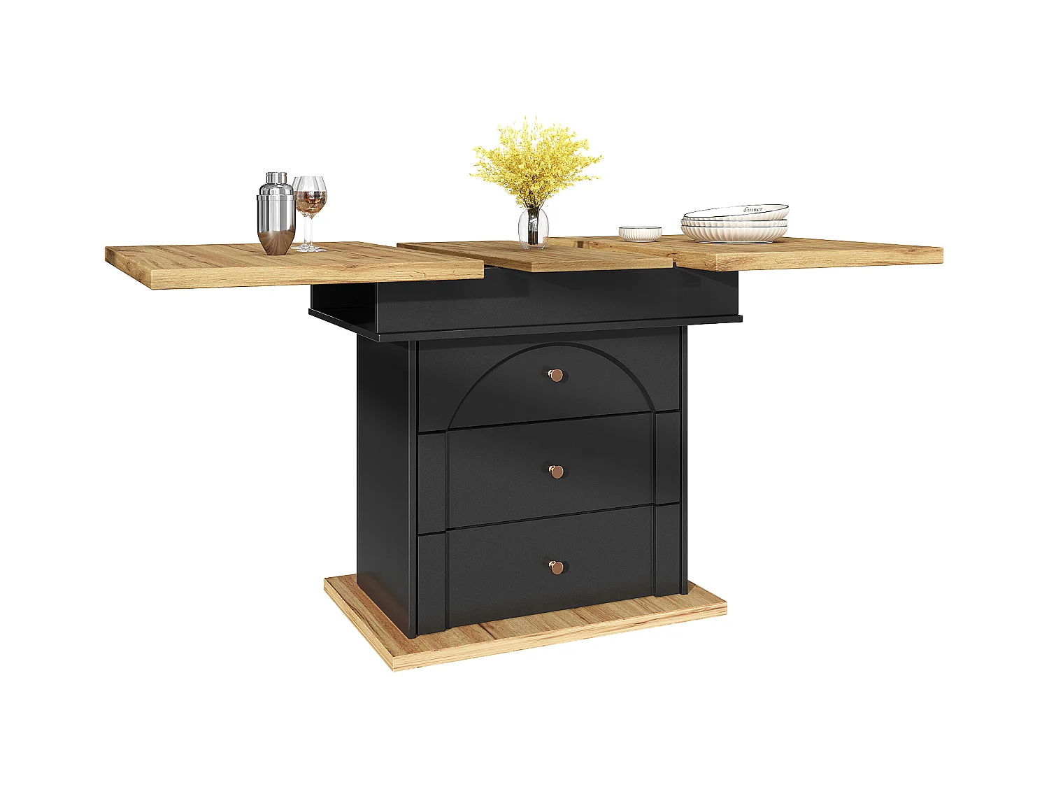 Table à manger extensible noire - Table extensible avec deux tiroirs et une porte - pour la cuisine et le salon