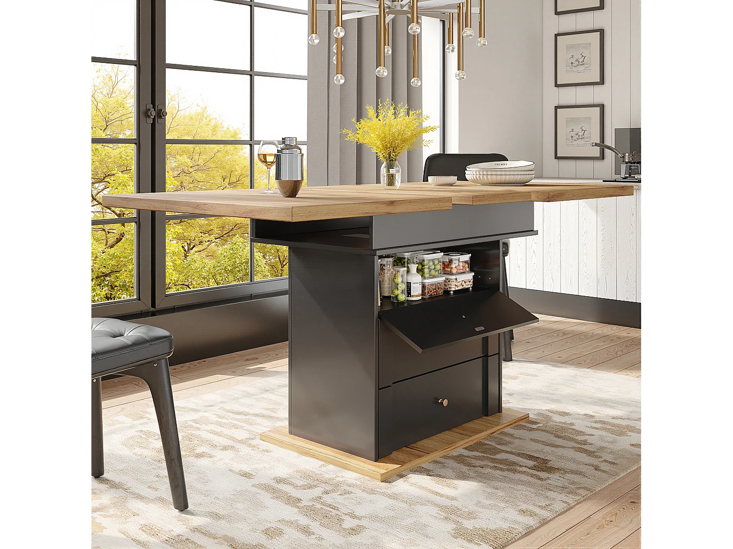 Table à manger extensible noire - Table extensible avec deux tiroirs et une porte - pour la cuisine et le salon