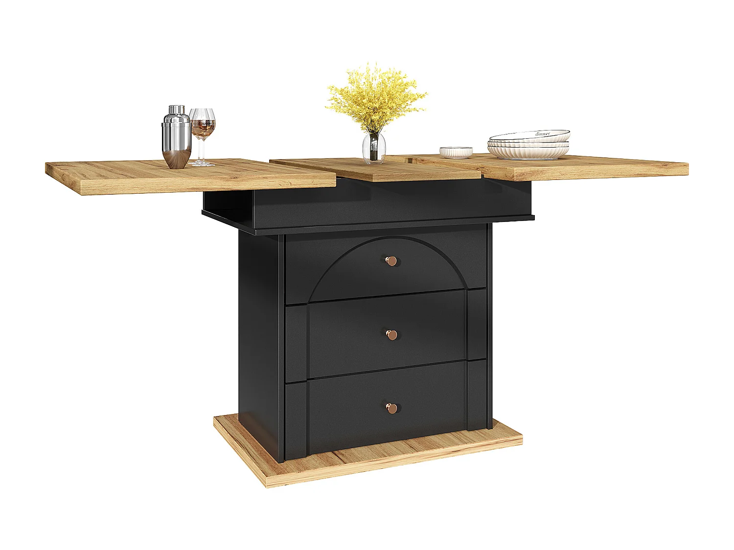 Table à manger extensible noire - Table extensible avec deux tiroirs et une porte - pour la cuisine et le salon