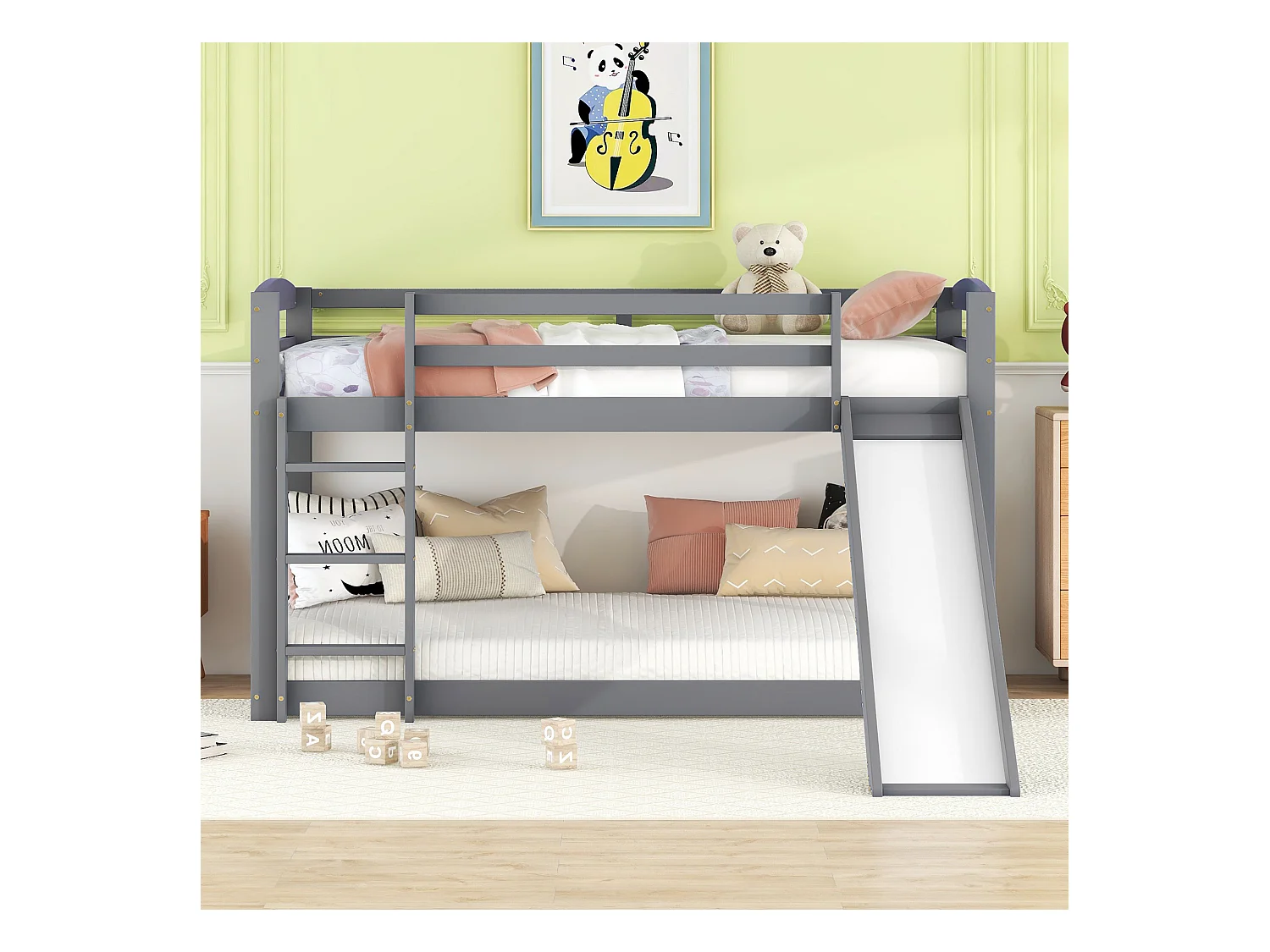 Lit superposé 90x200 cm - Lit enfant avec toboggan et escalier - avec barrières de sécurité - bois gris - sans matelas