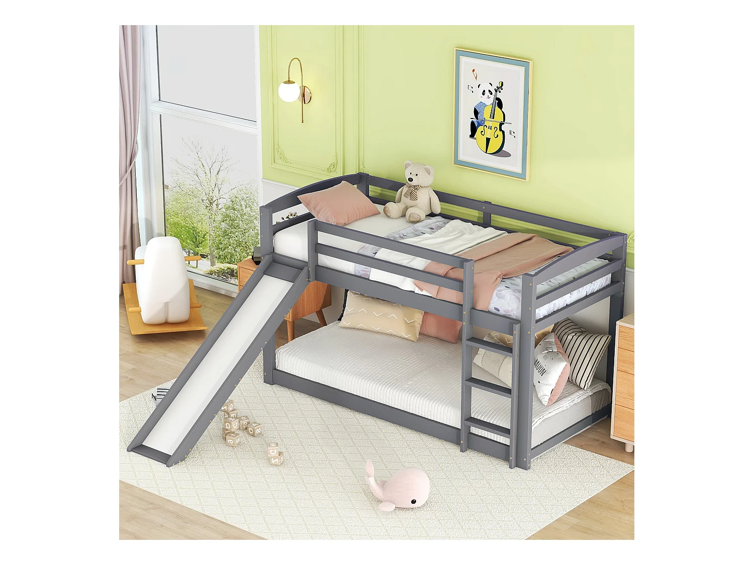 Lit superposé 90x200 cm - Lit enfant avec toboggan et escalier - avec barrières de sécurité - bois gris - sans matelas