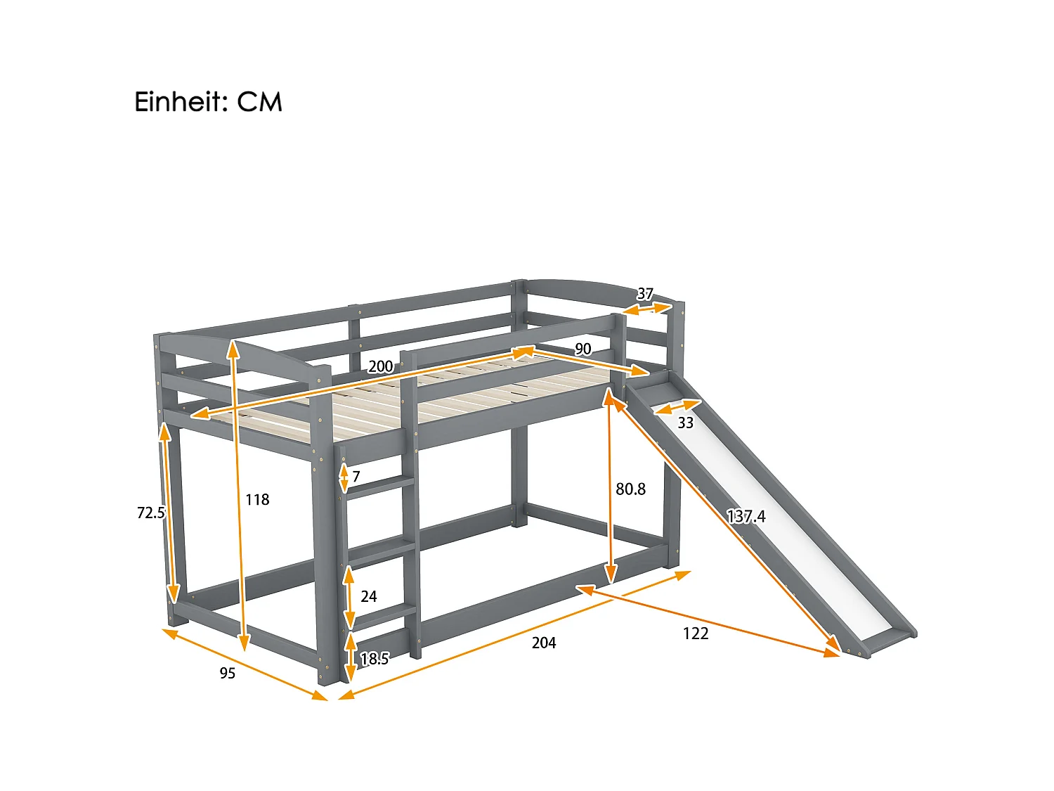 Stapelbed 90x200 cm - Kinderbed met glijbaan en trap - met uitvalbeveiliging - grijs hout - zonder matras