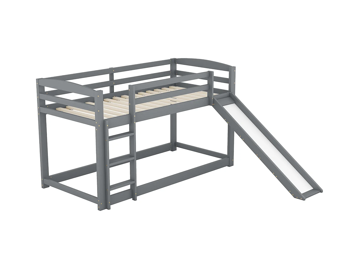 Stapelbed 90x200 cm - Kinderbed met glijbaan en trap - met uitvalbeveiliging - grijs hout - zonder matras